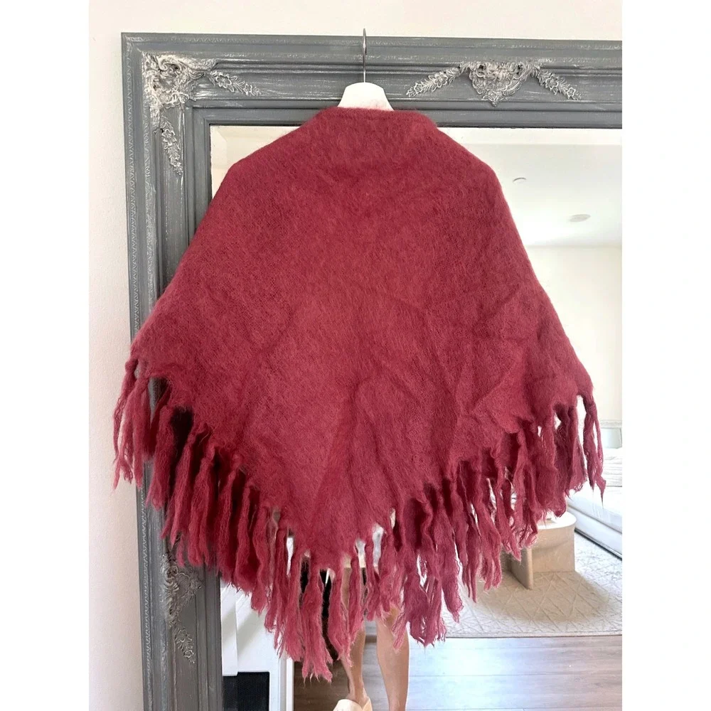 Vintage 80s St Albans Pure Mohair Pile Wrap Shawl Fringe Berry Pink Magenta